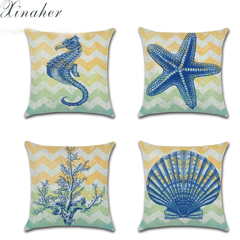 Наволочка из хлопка и льна кораллового цвета с рисунком в виде ракушки наволочка