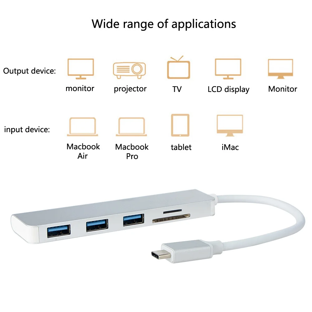 Адаптер концентратора из алюминиевого сплава типа C 5 в 1 USB на 3 порта 0 с SD/TF