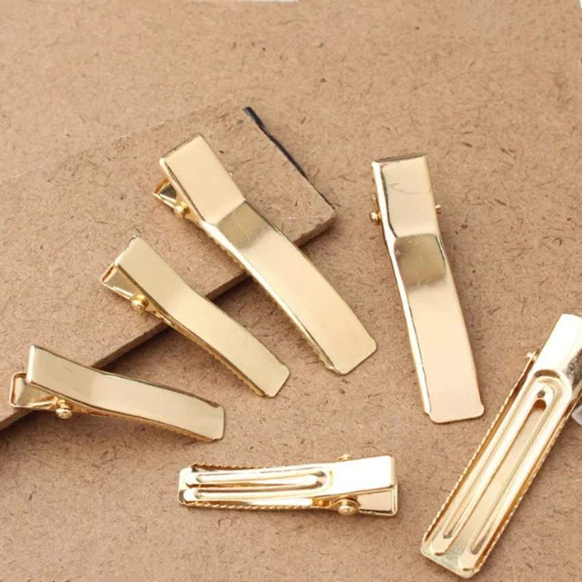 100pcs/lot 35mm 50mm Gold Double Prong Metal Alligator Hair Clips Hairpins Korker Bow