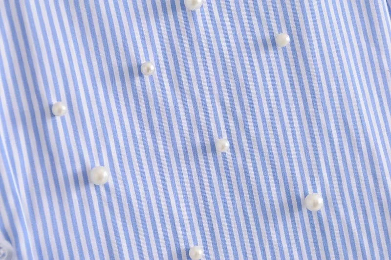 VOGUEIN Новая женская Повседневная синяя полосатая рубашка с отворотом и жемчугом