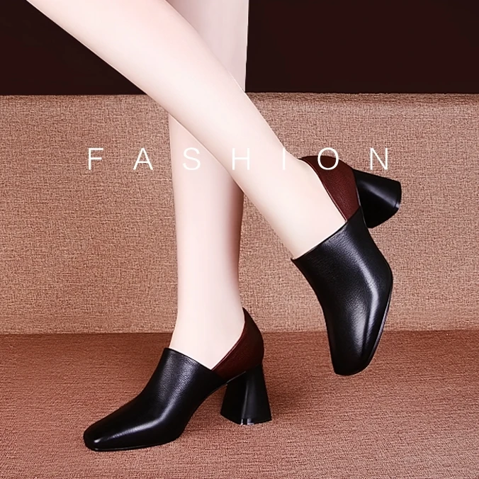 

Sexy Ladies Shoes Square Block High Heels Pumps Women Shoes Woman Sapato Feminino Slip on Shallow Black Leather Patchwork Pumps