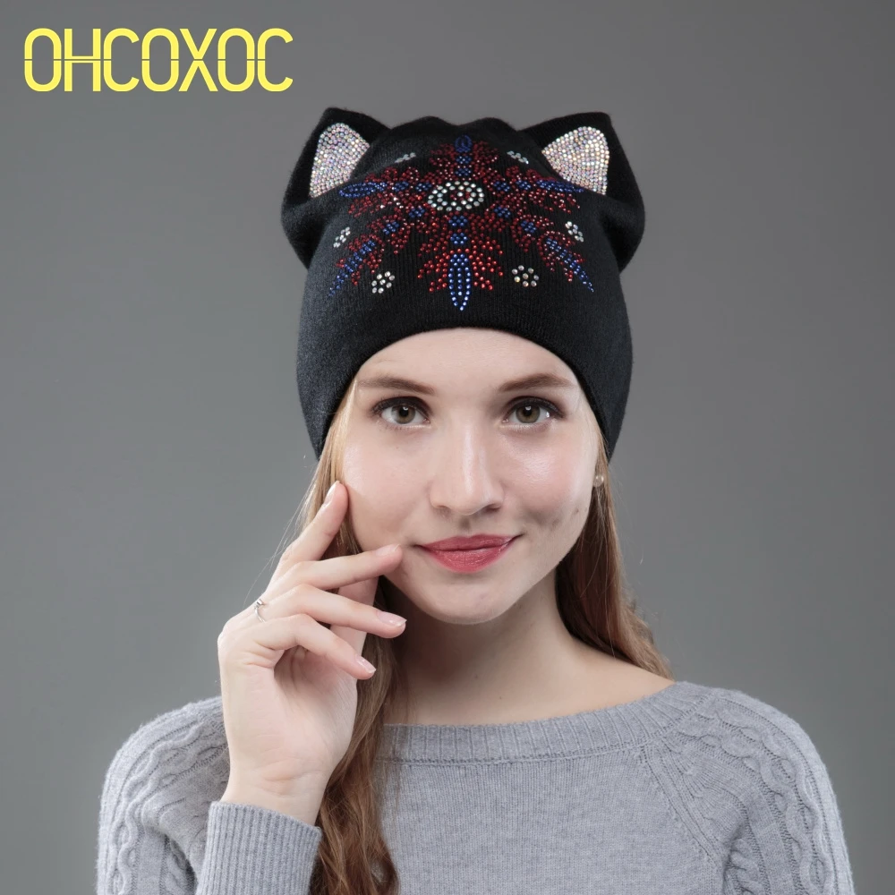 

Новый дизайн, женские шапочки, шапочки, Милая зимняя шапка для девочек, шапка с кошачьими ушками и рождественскими снежинками, зимняя шапка ...