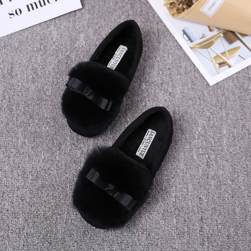 Cute Princess Shoes Velvet Bowknot Girls Flat Real Rabbit Hair Baby Loafers Kids Warm Slip on Childrens Winter | Детская одежда и
