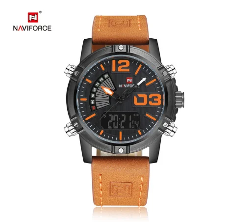E NAVIFORCE 9095, мужские цифровые спортивные часы, наручные часы для мужчин, Топ бренд, Военный стиль, роскошный кожаный светодиодный, кварцевые мужские часы - Цвет: E
