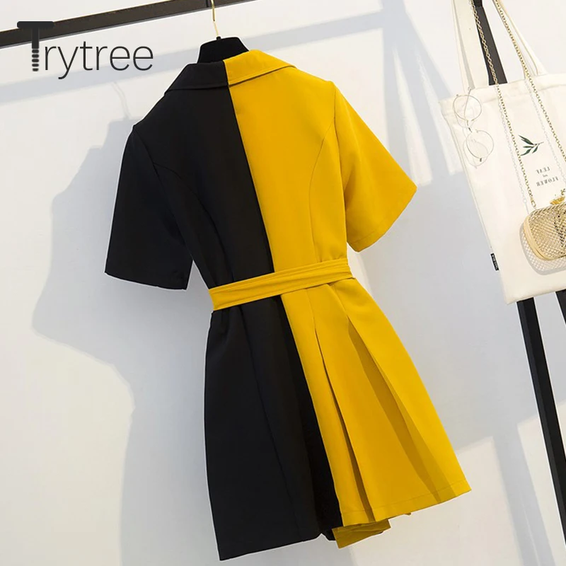 Trytree лето осень Повседневное платье для женщин Зубчатый воротник Желтый Пэчворк черный пояс офисные женские платья полиэстер А-Силуэт платье