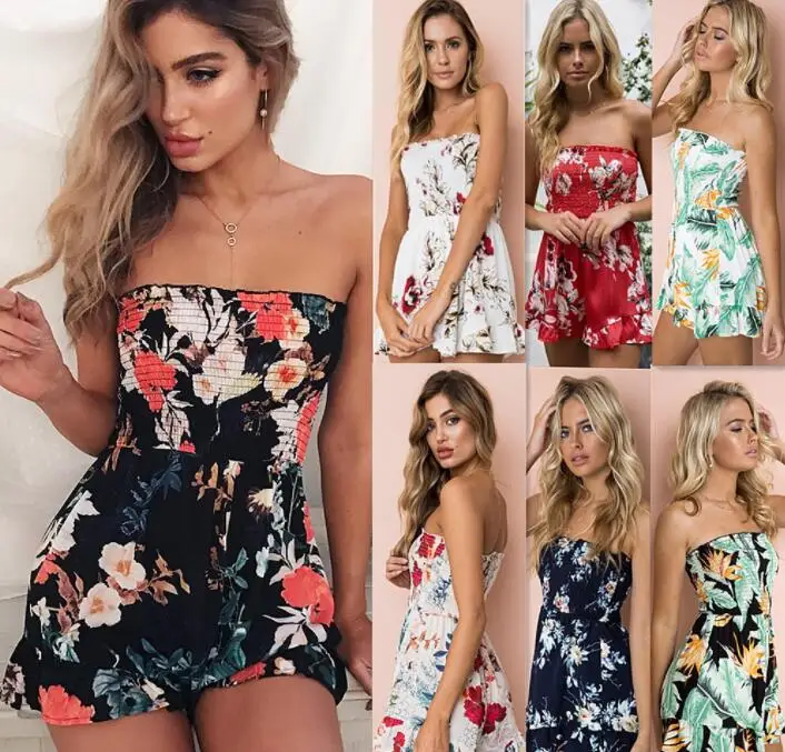 Summer Womens Sundress Romper Tops Ladies Floral Off Shoulder Bodycon Jumpsuit Playsuit Beach Holiday Short Trousers Romper