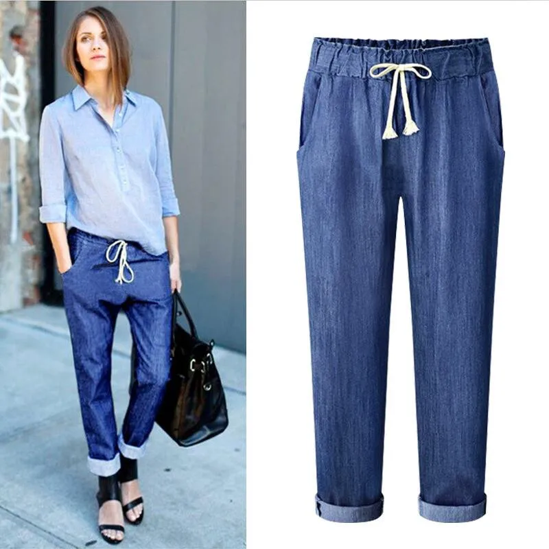 

2022 Women New Fashion Full Length Jeans Casual Mid Waist Drawstring Pocket Harem Pants Vestido Women Trousers