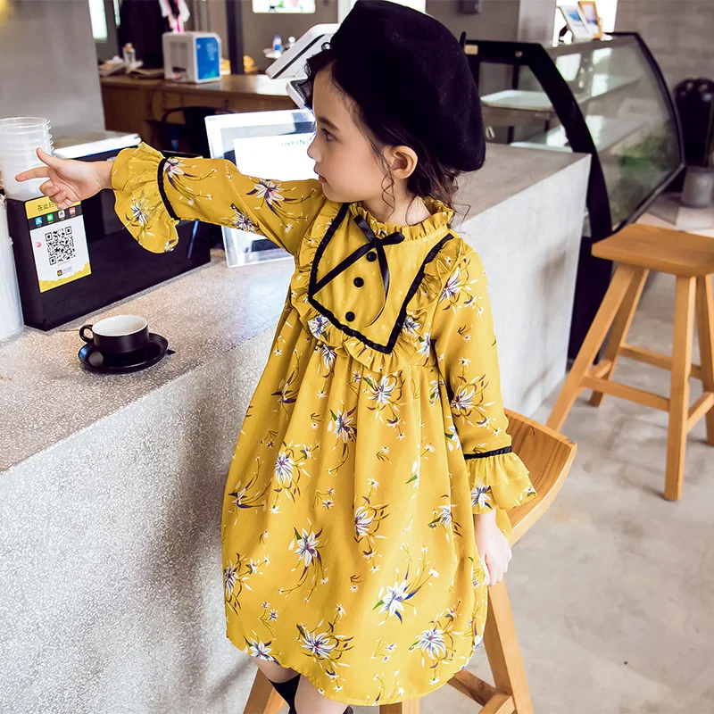 Princess Children Dresses Long Sleeve Yellow Dress for Toddler Girl Teenage Kids Size 4 6 8 10 12 14 years | Детская одежда и