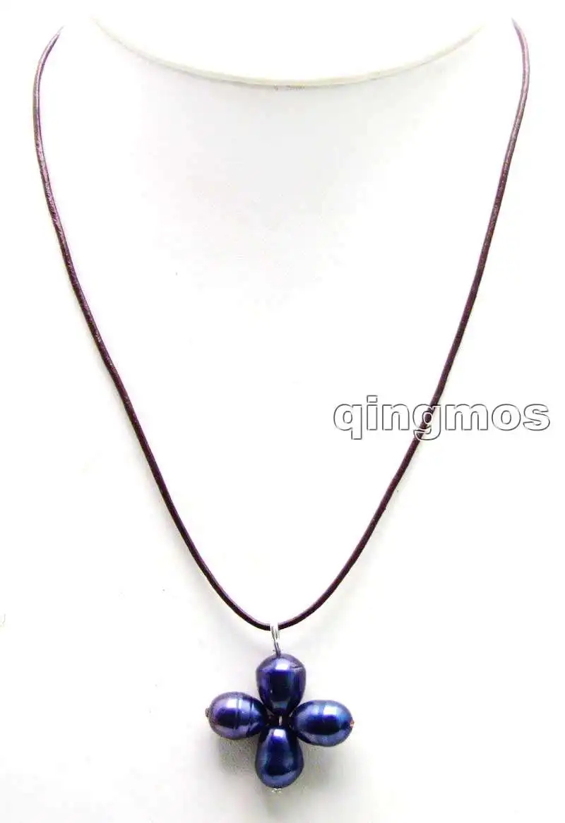 

SALE Big 10-11mm black rice Natural Freshwater Pearl pendant & Black Leather 18" Necklace-5922 wholesale/retail Free shipping
