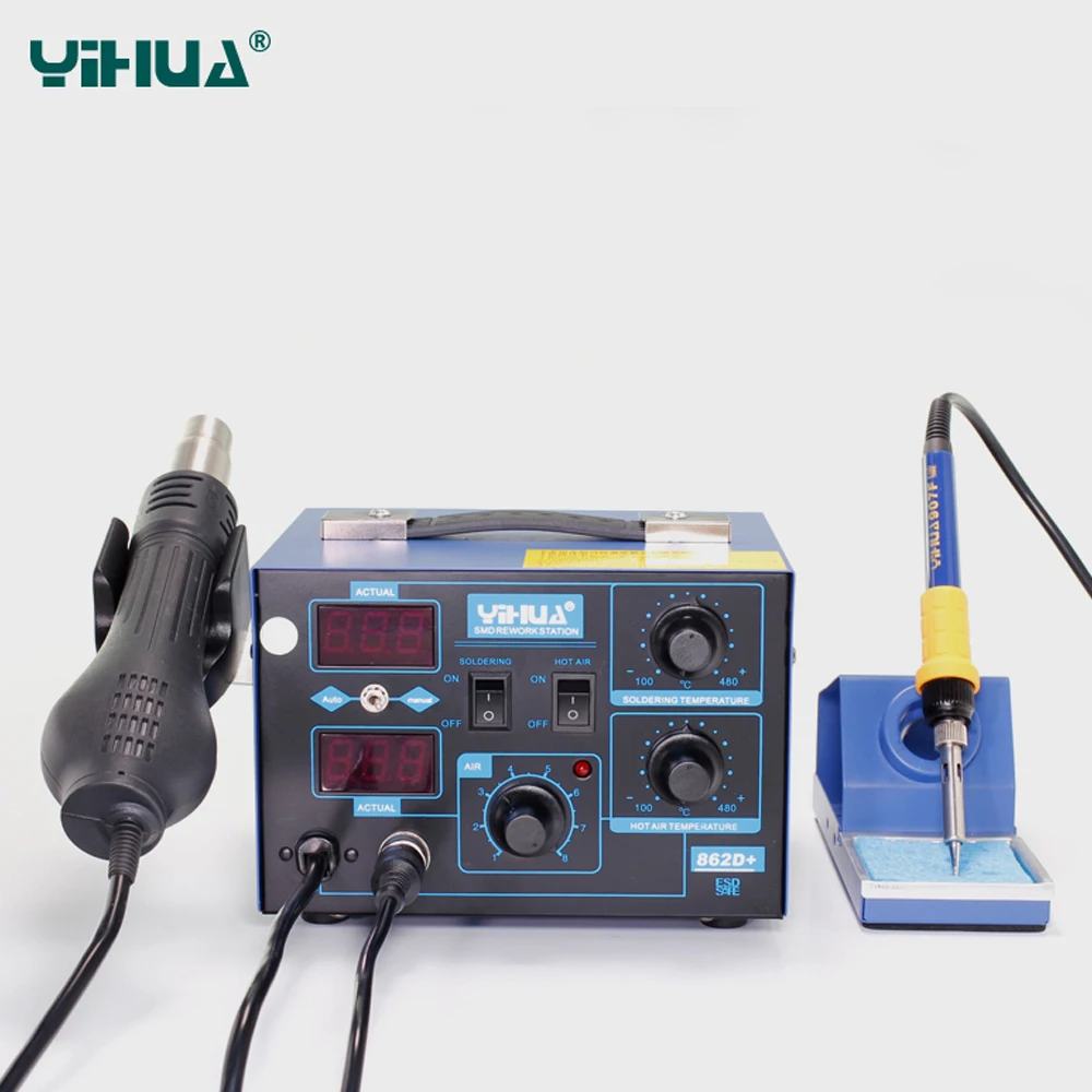 

YIHUA 862D + паяльная станция 2 в 1 паяльная станция паяльник пистолет горячего воздуха для IC SMD СВЕТОДИОДНЫЙ цифровой дисплей CE