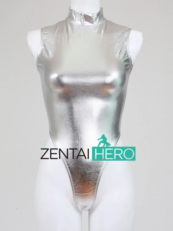 ZentaiHero Сексуальное Женское боди Zentai блестящее металлическое платье на молнии