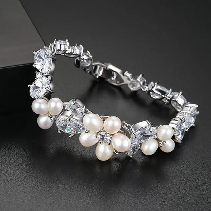 Aitunan Romantic Silver Color CZ Zircon Natural Freshwater Pearl Bracelet Flower Crystal Bracelets For Women Rice Jewelry | Украшения и