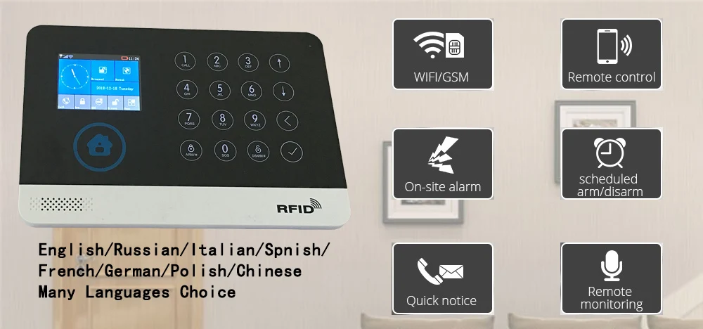 wifi GSM домашняя охранная сигнализация GPRS сенсорная клавиатура Английский Русский Испанский Немецкий польский итальянский французский Android IOS APP
