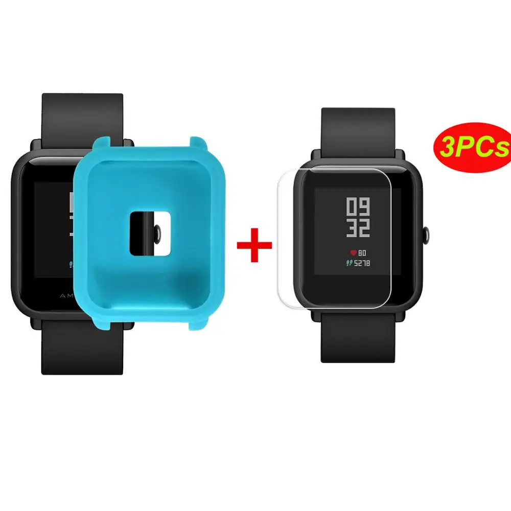 Мягкий защитный чехол+ 3 шт. защита для экрана для Huami Amazfit Bip Younth Watch, тонкий цветной чехол с рамкой, защитный чехол - Цвет: 1