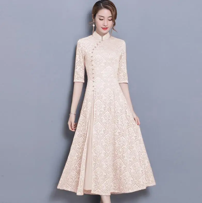 8 new vintage Lace Long dress women Summer Chinese Style A-Line dress Solid color Half sleeve Ankle-Length dress women - Цвет: 8