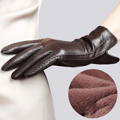 brown touch screen Высококачественные кожаные женские модные зимние Бархатные Теплые Перчатки кораллового цвета, женские перчатки для вождения с сенсорным экраном, варежки - Цвет: brown touch screen