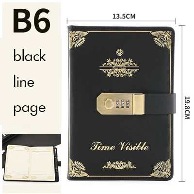 black line page Винтажная записная книжка с 3 цифрами, кожаная записная книжка с паролем, держатель для ручки, ленточная Закладка, ежедневник, планировщик, канцелярские принадлежности в подарок - Цвет: black line page