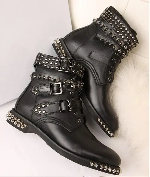 

Spring new British fashion rivets studded martin boots black leather buckles strap flat heel ankle boots for woman size 35-42