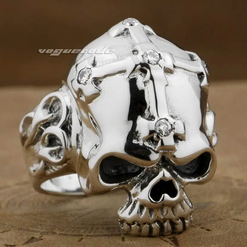 Мужское байкерское кольцо в стиле панк с белым фианитом|punk ring|sterling silver skullsilver skull |