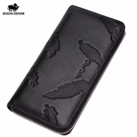 bison denim luxury genuine leather men wallets brand male business long zipper clutch purse wallet