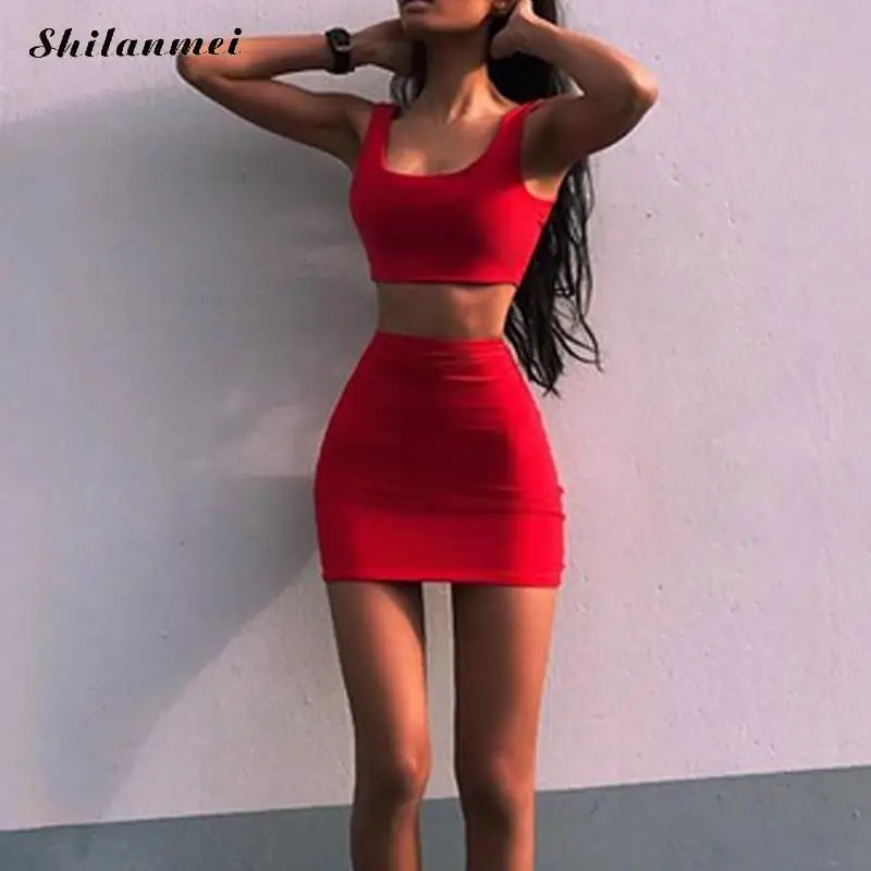 Сексуальный комплект из двух предметов красное платье Летний Эластичный
