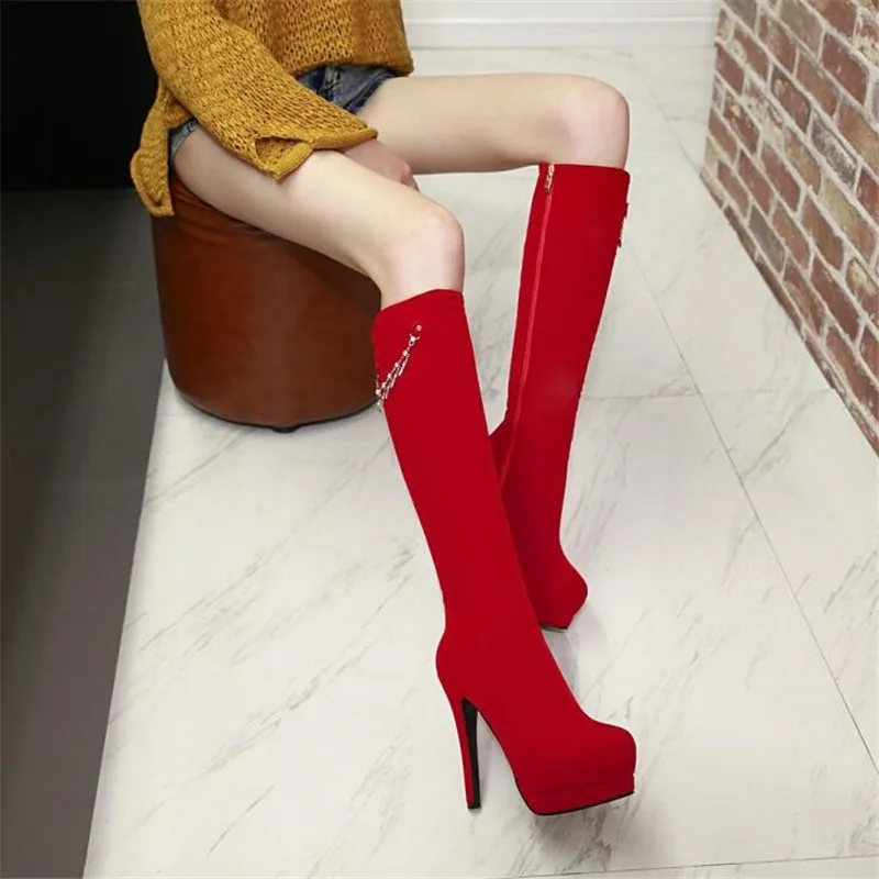 winter New pattern fashion Round head gules sexy Suede Thin leg Elastic force Boots Fine heel Add wool Keep warm Women Boots