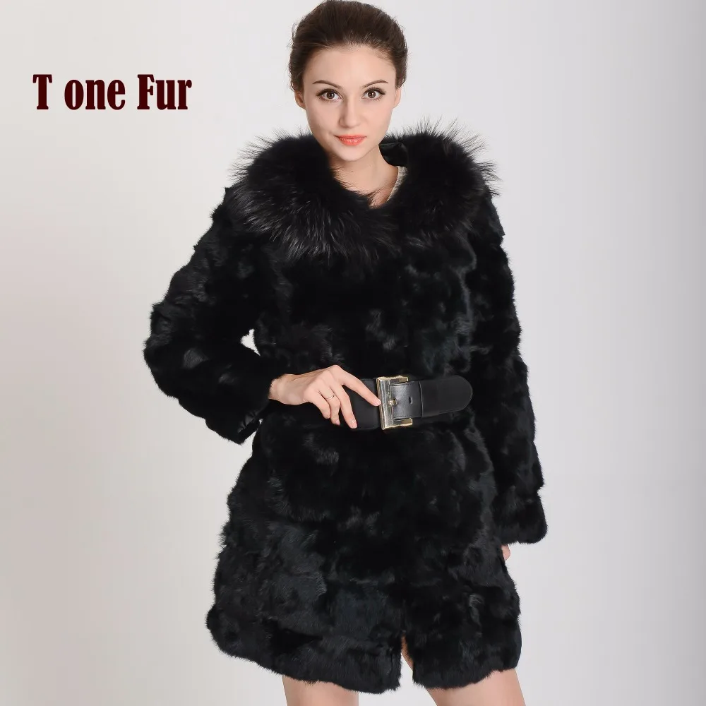 Luxury Genuine Thick Rabbit Fur Coat with 100% Real Fox Collar Warm Winter Long Jacket Factory Wholesale Overcoat KAH268 | Женская