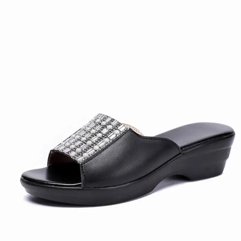 

GKTINOO Rhinestone Wedges Slippers 2021 New Summer Female Sandals Sequins Genuine Leather Cowhide Women's Shoes Plus Size 40-42