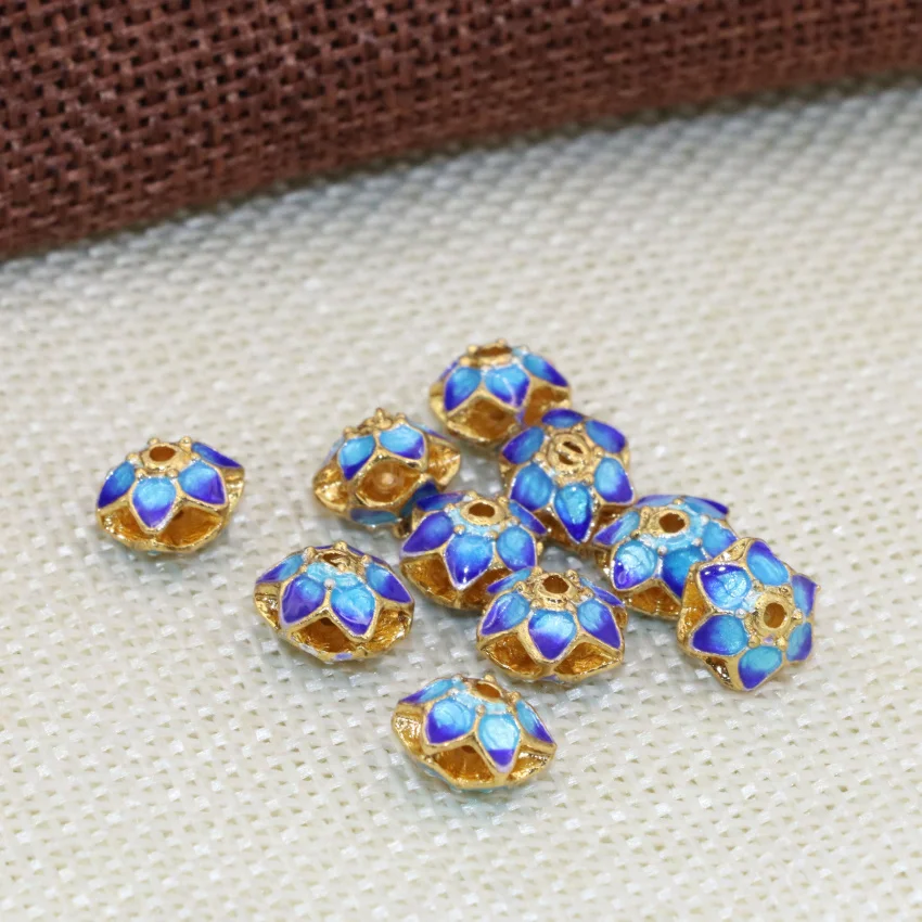 

Wholesale 10pcs gold-color flower shape hollow cloisonne 9mm spacers accessories beads high quality jewelry findings B2498