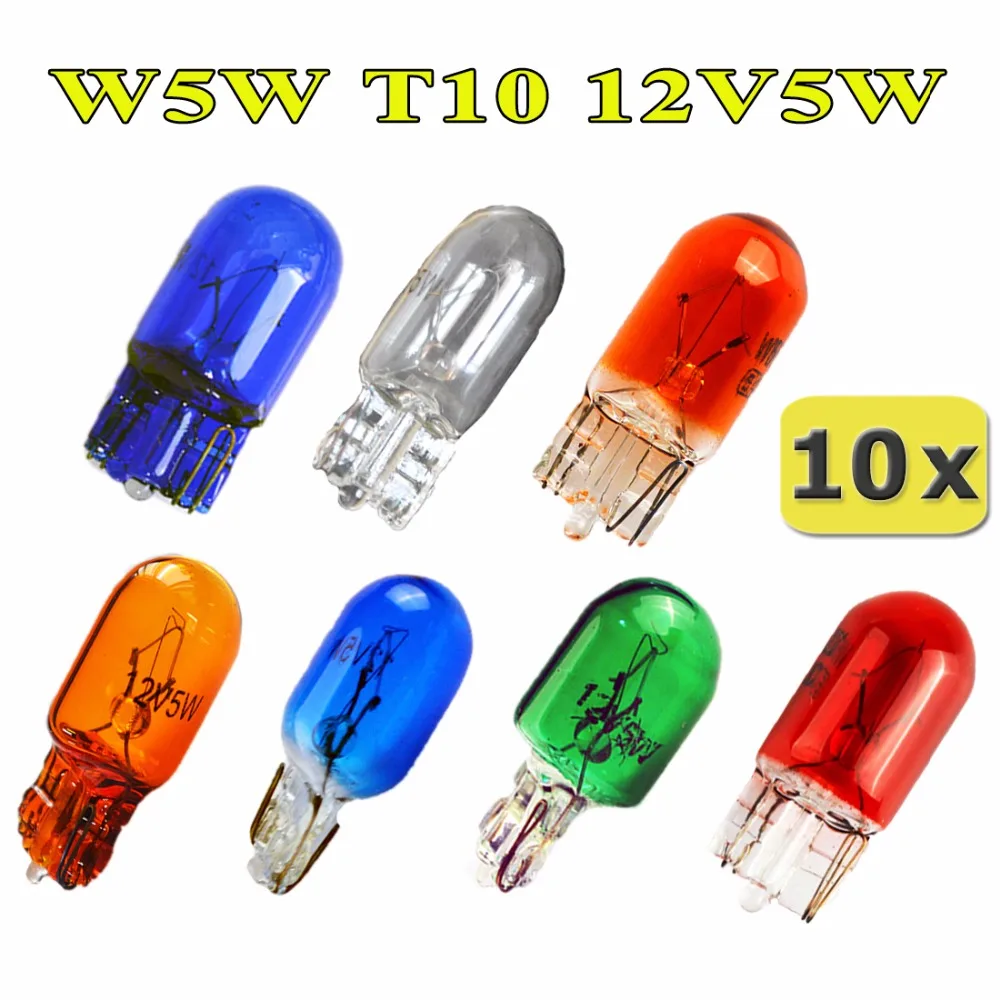 

flytop (10 Pieces/Lot) 501 W5W XENON T10 Glass 12V 5W W2.1x9.5d Single Filament Multiple Colour Car Bulb Lamp
