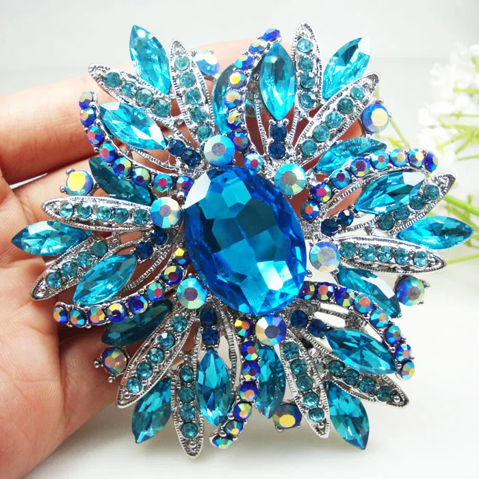 

Женская Брошь Стразы в виде цветка овальной формы с синими кристаллами серебристого цвета