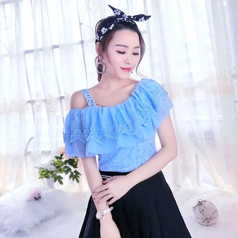 2018 летняя Осенняя женская рубашка с оборками милая кружевная блузка цветочным