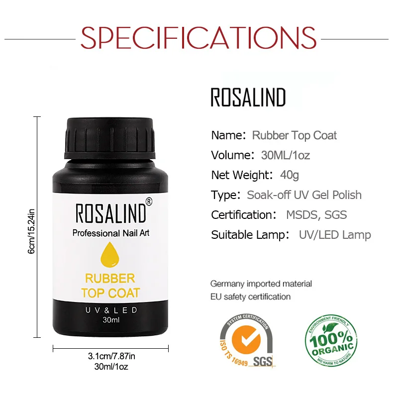 

ROSALIND New Arrival Rubber Top Base Coat Gel Nail Polish Soak off Nail Art Gel Lacquer Semi Permanent Professional UV Primer