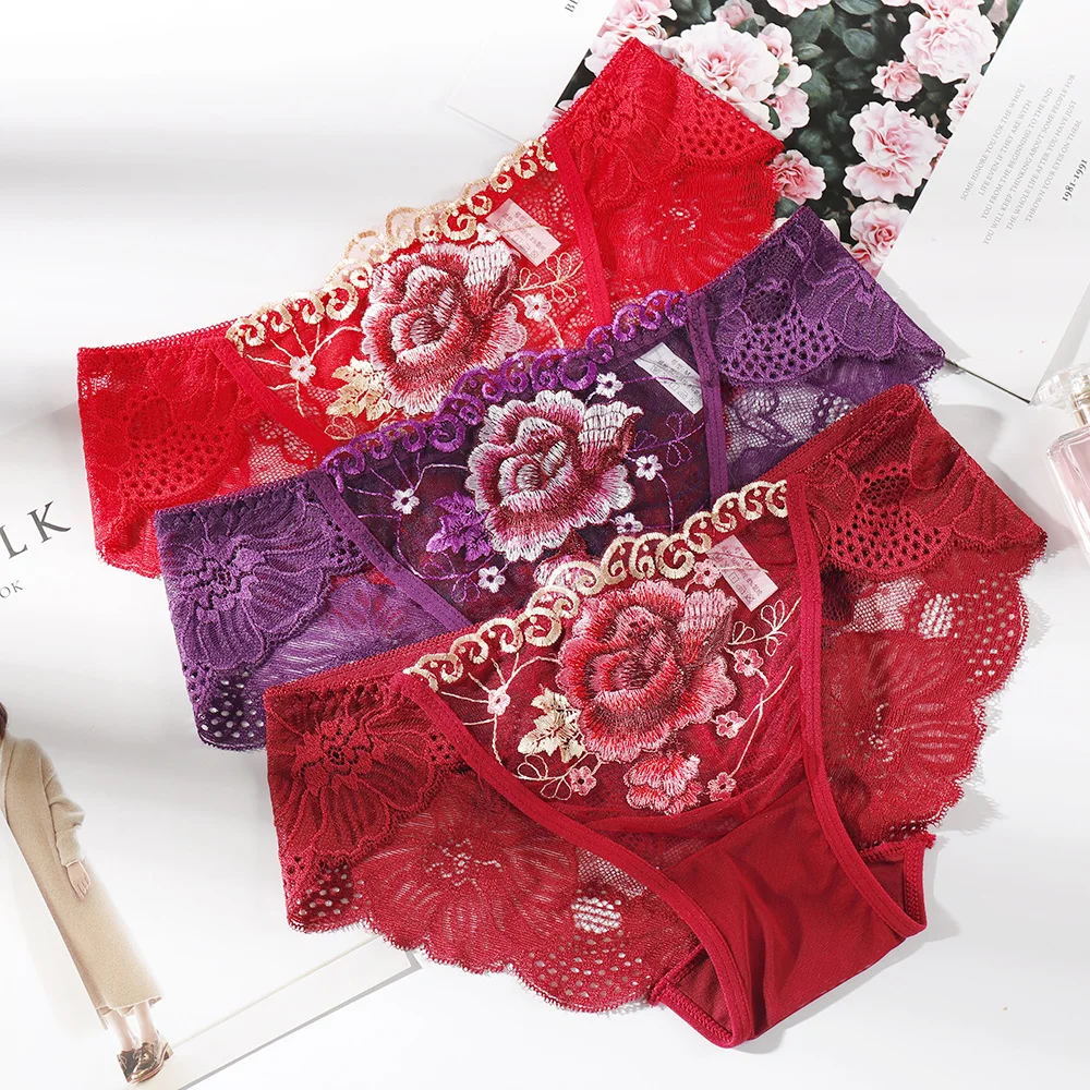 1PCS Sexy Lace Women's Transparent Seamless Embroidery Rose Comfortable Brief Intimate Female Briefs Cotton Underwear LZX-0057 |