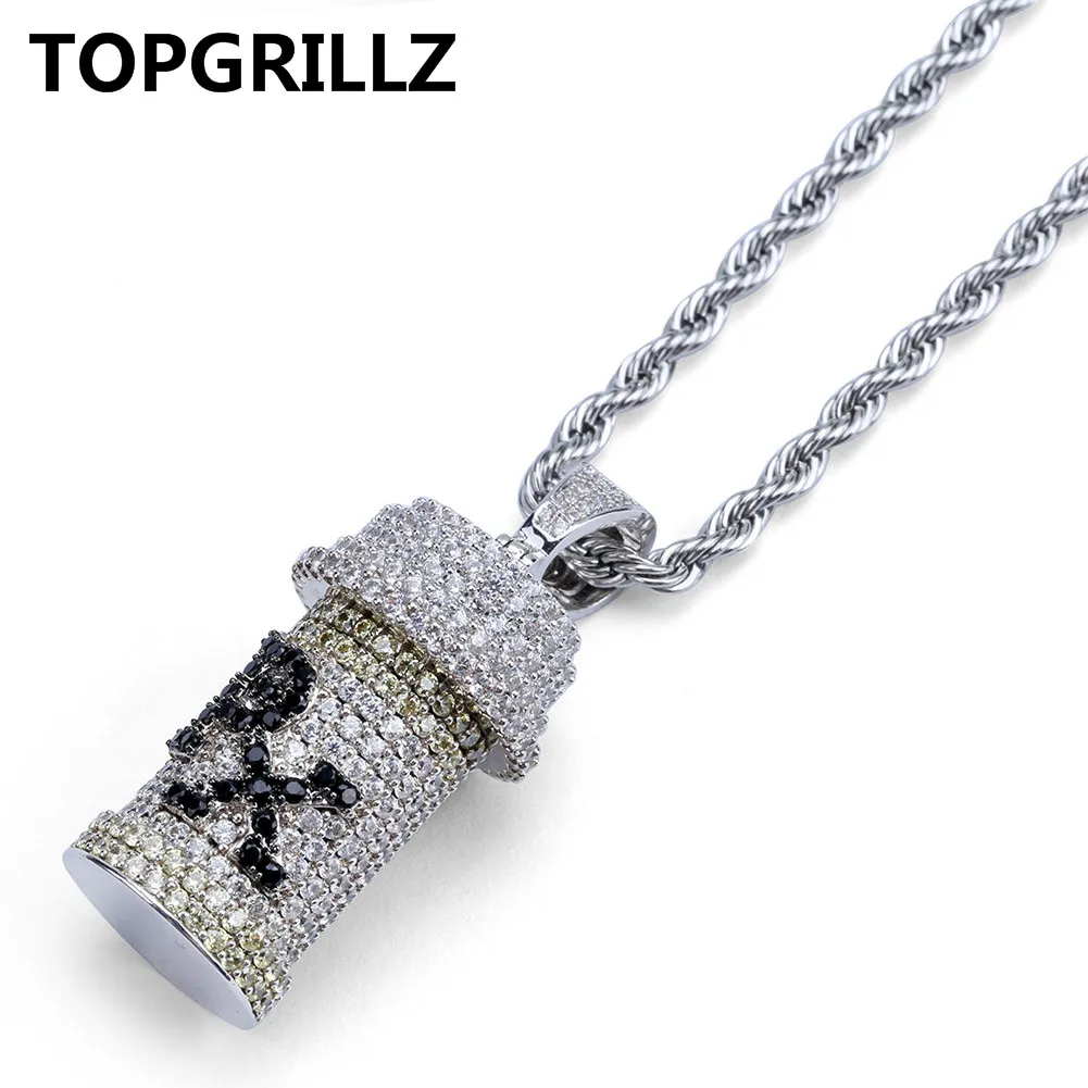 Silver TOPGRILLZ хип-хоп Съемная подвеска в виде бутылки лекарств, мужские ювелирные изделия, золотое, серебряное ожерелье с кубическим цирконием, подарки s - Окраска металла: Silver
