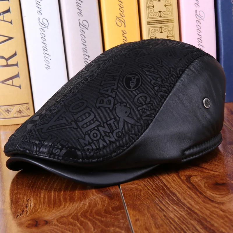 New Winter Men Leather Hat Elder Warm Leather Cap Father New Year Gift Suede Beret Printing Baseball Hat B-7266