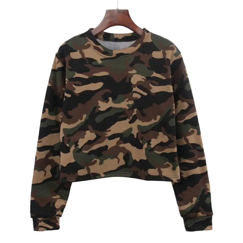 

Spring Autumn Women Sweatshirts Hoodie Crop Tops Camouflage Long Sleeve Cropped Sweatshirt Hooded Pullover WS6410V