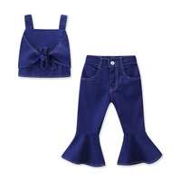 fashion girls sling two piece outfit 2019 summer new cotton denim blue bowknot sling topflare pant kids girls jeans suit 1 5yrs