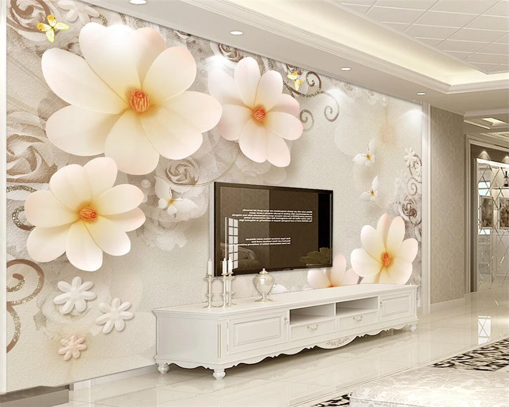 

Beibehang Custom wallpaper home decor mural three-dimensional relief magnolia pearl retro jewelry TV background 3d wallpaper