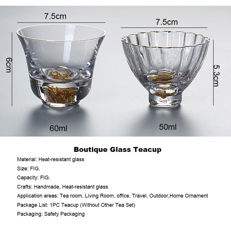60ml Japanese Style Boutique Thick Crystal Glass Master Cup Gold Foil Teacup Heat-resistant Tea Bowl Kung Fu Sets | Дом и сад