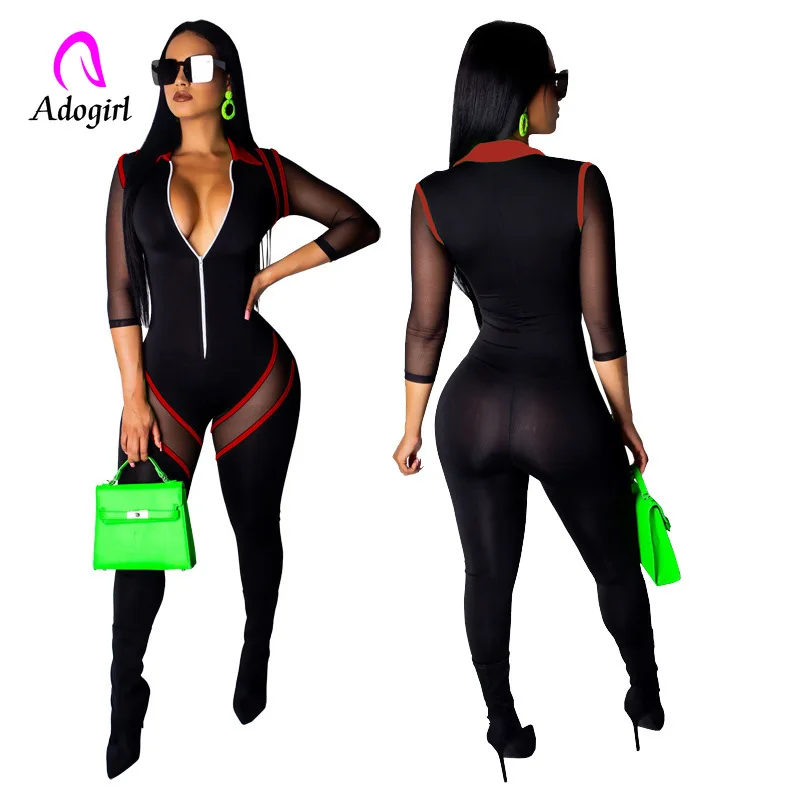 Женский Облегающий комбинезон на молнии черный с длинными рукавами для фитнеса |