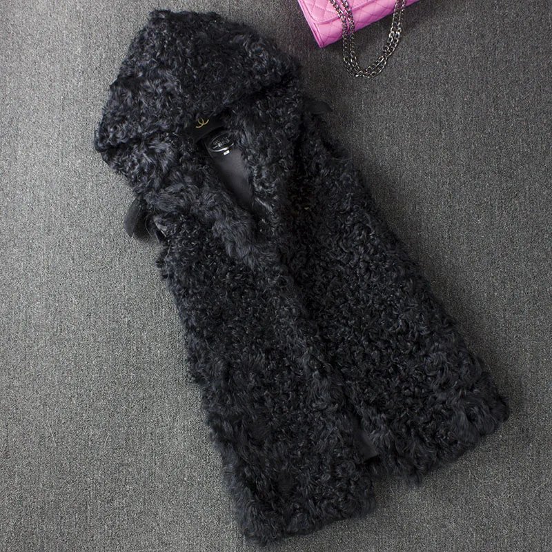 Длинный Меховой жилет из натурального меха ягненка