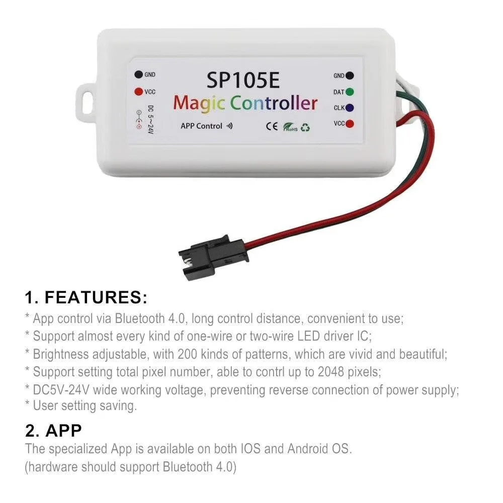 DC5V-24V SP105E Magic led controller Bluetooth SPI for all kinds of IC pixels lights WS2801 WS2811 WS2812B pixel Strip | Лампы и