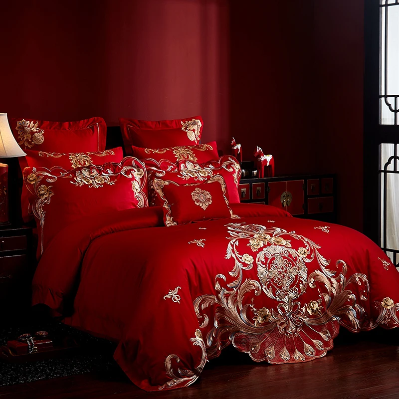 Роскошный Золотой Королевский Комплект постельного белья с вышивкой красный