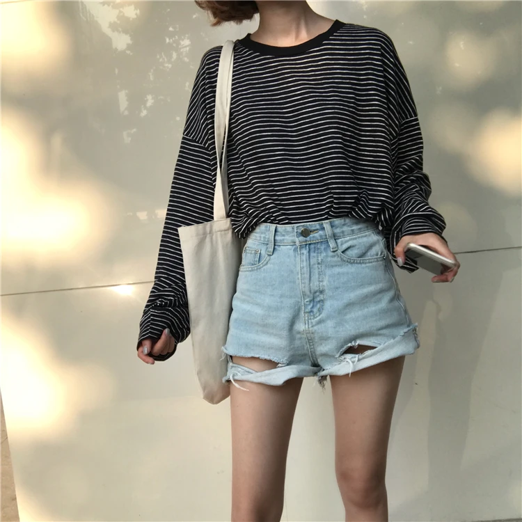 YouGeMan футболка Femme Весна Осень корейский стиль Ulzzang Harajuku ретро длинный рукав o-образный вырез полосатая футболка для женщин топы