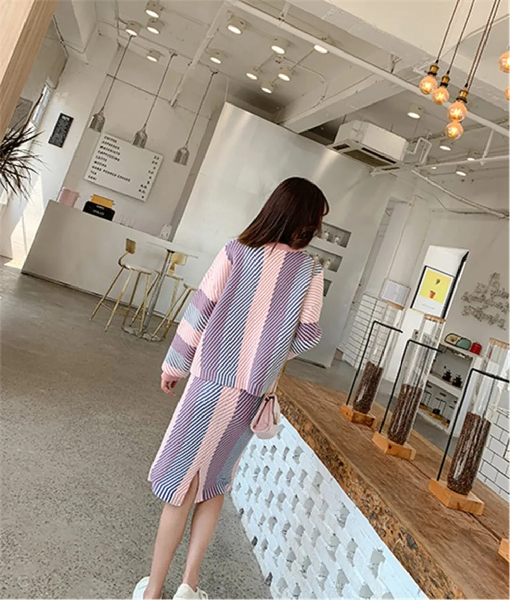ALPHALMODA осень зима цветной полосатый вязаный костюм с юбкой Свободный пуловер свитер сзади юбки с разрезом Женские повседневные комплекты из 2 предметов
