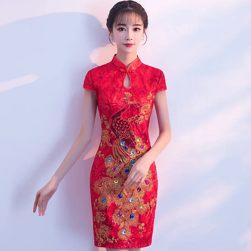 Красное мини-платье невесты Cheongsam Восточное женское свадебное платье с коротким