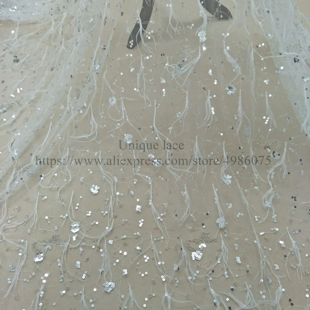 Embroidery wedding look lace feather bridal fabric 130cm width dress with beading ivory color worldwide shipping | Дом и сад