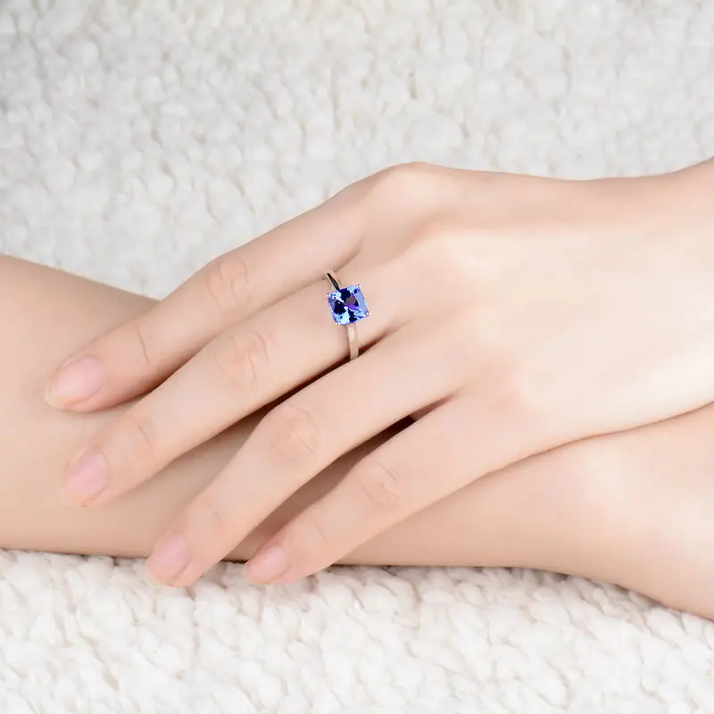 Кольцо из белого золота 18 карат с натуральным синим танзанитом|tanzanite engagement ring|cushion