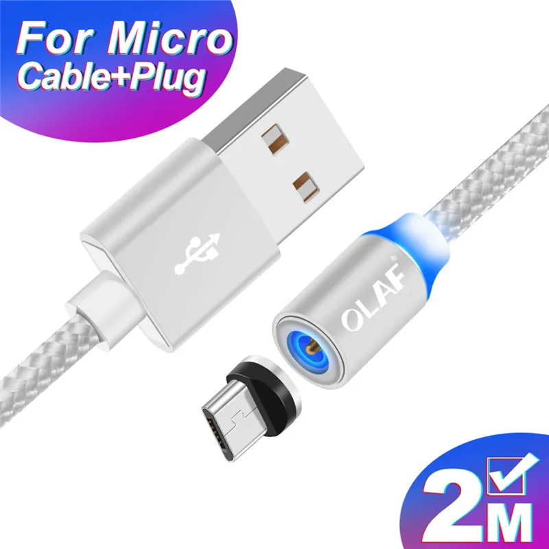 2M Silver MicroCable Магнитный Micro USB кабель OLAF 2A Зарядка 1 м 2 м светодиодный магнитный кабель для зарядки и передачи данных для Xiaomi 4X huawei P8 Lite samsung A5 J5 J7 - Цвет: 2M Silver MicroCable